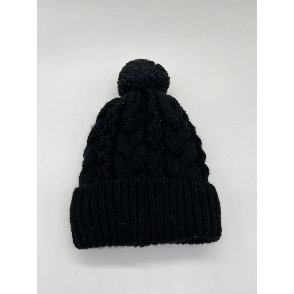 UGG Australia Hat Beanie Womens One Size Black Cable Knit Pom Lined Winter
